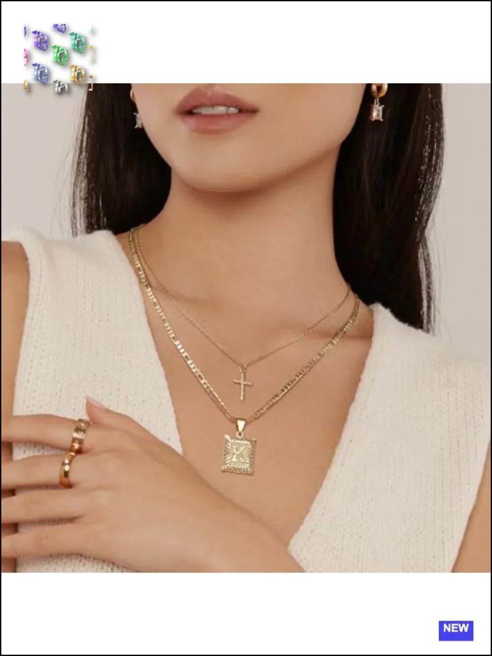 14k Gold Plated Stainless Steel Layered Initial Cross Pendant Necklace
